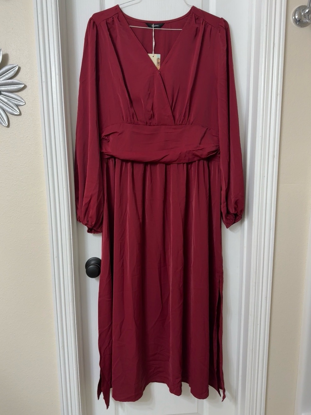 Dokotoo Wrap V-Neck Empire Waist Maxi Dress Lantern Sleeve Ruched Slit Red XL - Picture 3 of 8